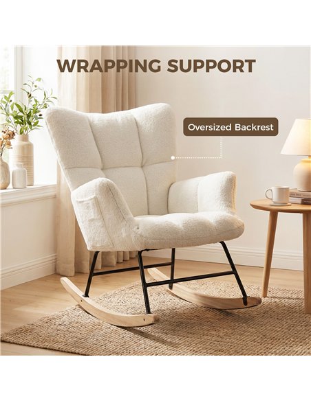 HOMCOM Rocking Chair, Teddy Fleece Rocker Chair with Tufted Wingback, Side Pockets, Rubber Wood Legs, Cream White - pic 205942 | FastDaddyshop