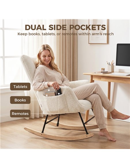 HOMCOM Rocking Chair, Teddy Fleece Rocker Chair with Tufted Wingback, Side Pockets, Rubber Wood Legs, Cream White - pic 205944 | FastDaddyshop