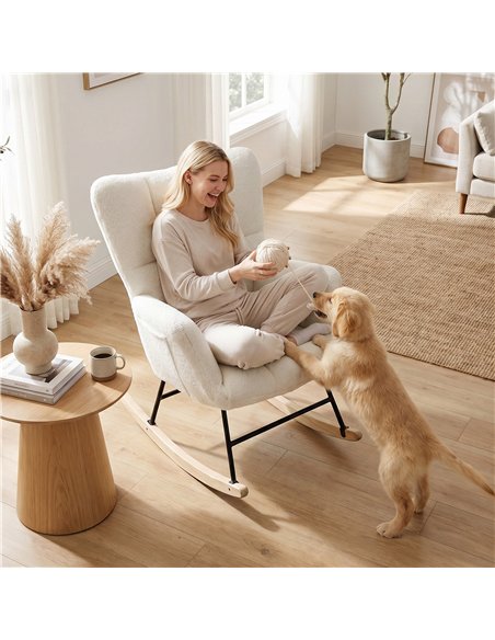 HOMCOM Rocking Chair, Teddy Fleece Rocker Chair with Tufted Wingback, Side Pockets, Rubber Wood Legs, Cream White - pic 205945 | FastDaddyshop