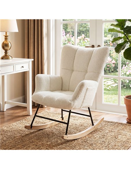 HOMCOM Rocking Chair, Teddy Fleece Rocker Chair with Tufted Wingback, Side Pockets, Rubber Wood Legs, Cream White - pic 205946 | FastDaddyshop