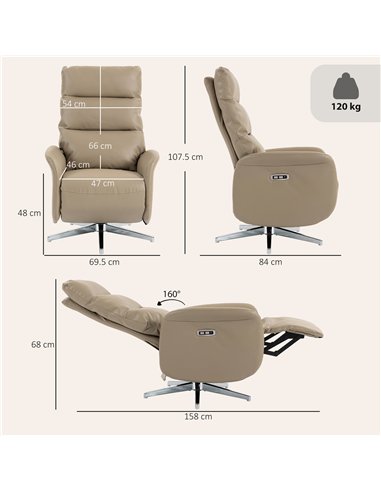 HOMCOM Power Recliner Chair, Swivel Electric Reclining Chair with Type C+USB, Recliner Armchair with Footrest, Brown