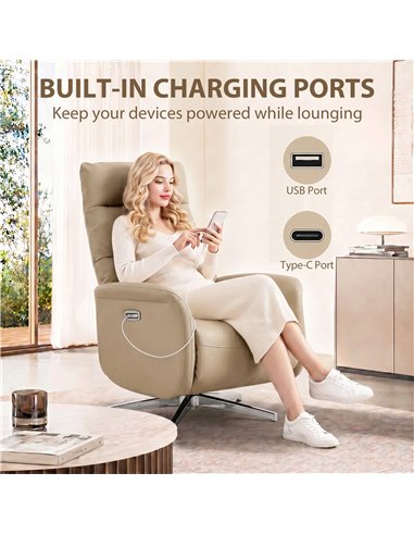 HOMCOM Power Recliner Chair, Swivel Electric Reclining Chair with Type C+USB, Recliner Armchair with Footrest, Brown