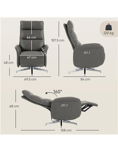 HOMCOM Power Recliner Chair, Swivel Electric Reclining Chair with Type C+USB, Recliner Armchair with Footrest, Dark Grey