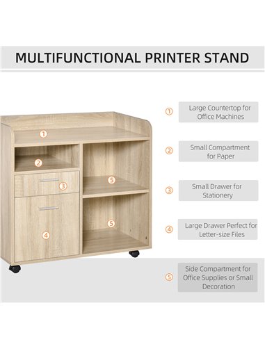 Vinsetto Filing Cabinet, Mobile Printer Cabinet with 2 Drawers, Open Storage Shelves, Oak