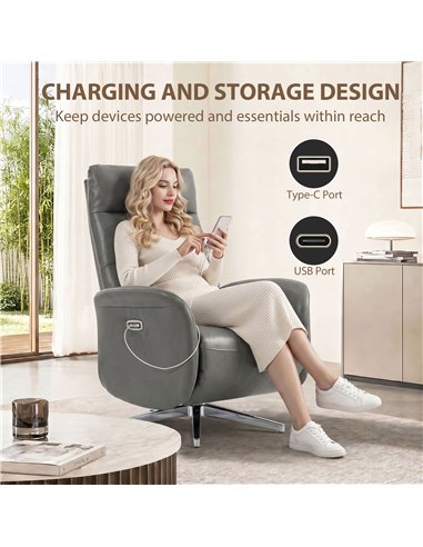 HOMCOM Power Recliner Chair, Swivel Electric Reclining Chair with Type C+USB, Recliner Armchair with Footrest, Dark Grey