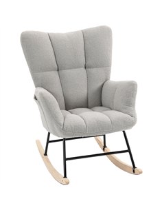 HOMCOM Rocking Chair, Teddy Fleece Rocker Chair with Tufted Wingback, Side Pockets, Rubber Wood Legs, Light Grey