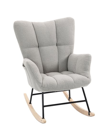 HOMCOM Rocking Chair, Teddy Fleece Rocker Chair with Tufted Wingback, Side Pockets, Rubber Wood Legs, Light Grey - pic 205965 | FastDaddyshop