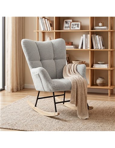 HOMCOM Rocking Chair, Teddy Fleece Rocker Chair with Tufted Wingback, Side Pockets, Rubber Wood Legs, Light Grey