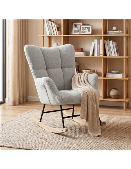 HOMCOM Rocking Chair, Teddy Fleece Rocker Chair with Tufted Wingback, Side Pockets, Rubber Wood Legs, Light Grey - pic 205966 | FastDaddyshop