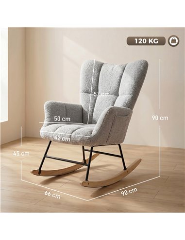 HOMCOM Rocking Chair, Teddy Fleece Rocker Chair with Tufted Wingback, Side Pockets, Rubber Wood Legs, Light Grey
