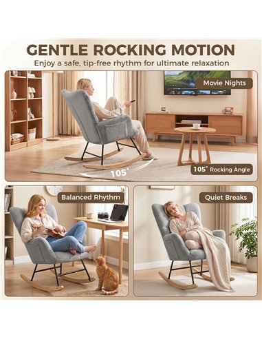 HOMCOM Rocking Chair, Teddy Fleece Rocker Chair with Tufted Wingback, Side Pockets, Rubber Wood Legs, Light Grey