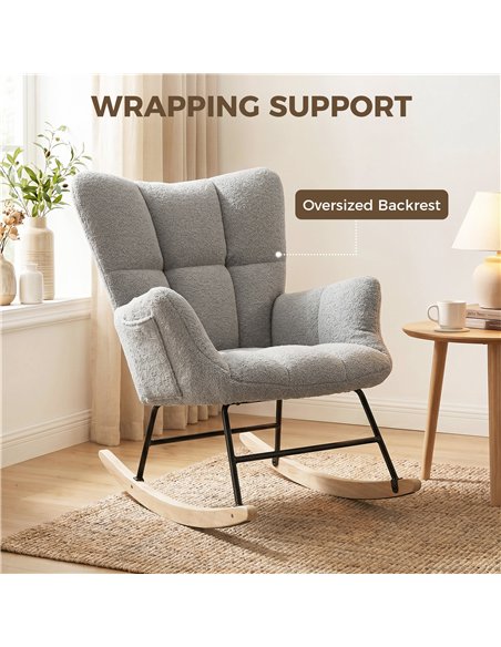HOMCOM Rocking Chair, Teddy Fleece Rocker Chair with Tufted Wingback, Side Pockets, Rubber Wood Legs, Light Grey - pic 205969 | FastDaddyshop