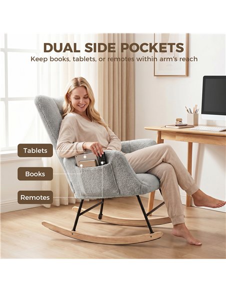 HOMCOM Rocking Chair, Teddy Fleece Rocker Chair with Tufted Wingback, Side Pockets, Rubber Wood Legs, Light Grey - pic 205971 | FastDaddyshop