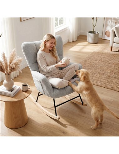 HOMCOM Rocking Chair, Teddy Fleece Rocker Chair with Tufted Wingback, Side Pockets, Rubber Wood Legs, Light Grey