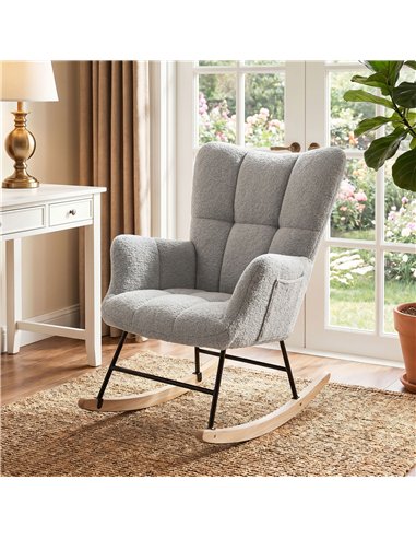 HOMCOM Rocking Chair, Teddy Fleece Rocker Chair with Tufted Wingback, Side Pockets, Rubber Wood Legs, Light Grey