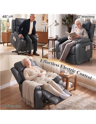 HOMCOM Riser and Recliner Chair with Vibration Massage, PU Leather Power Lift Chair for Elderly, Dark Grey