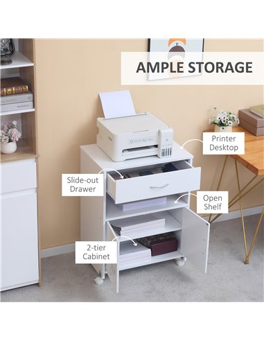 Vinsetto Printer Stand Mobile Printer Cabinet with Storage, Open Shelf, Drawer for Home, Office, White