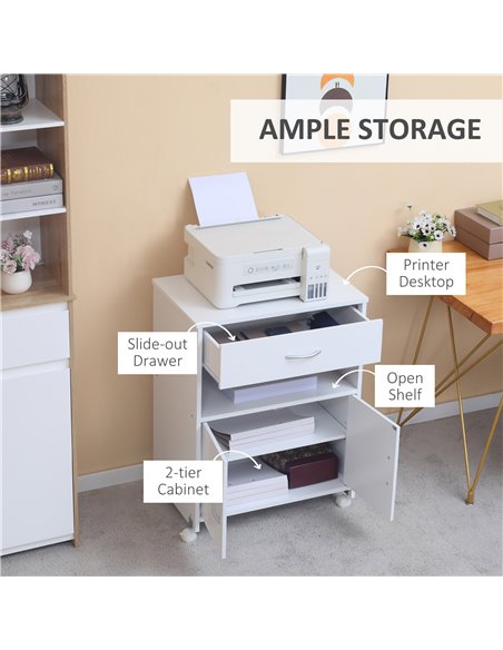 Vinsetto Printer Stand Mobile Printer Cabinet with Storage, Open Shelf, Drawer for Home, Office, White - pic 20602 | FastDaddyshop