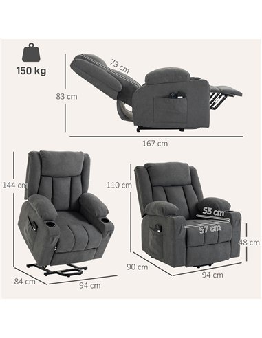 HOMCOM Dual Motor Recliner Chair, 55° Electric Lift Chair for Elderly, Recliner Armchair with Massage and Heat, Dark Grey