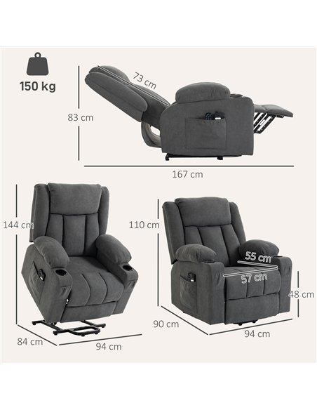 HOMCOM Dual Motor Recliner Chair, 55° Electric Lift Chair for Elderly, Recliner Armchair with Massage and Heat, Dark Grey - pic 206030 | FastDaddyshop