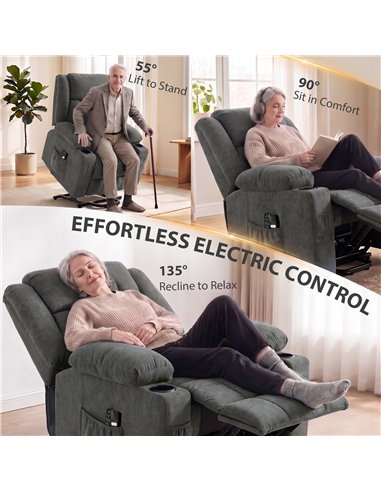 HOMCOM Dual Motor Recliner Chair, 55° Electric Lift Chair for Elderly, Recliner Armchair with Massage and Heat, Dark Grey