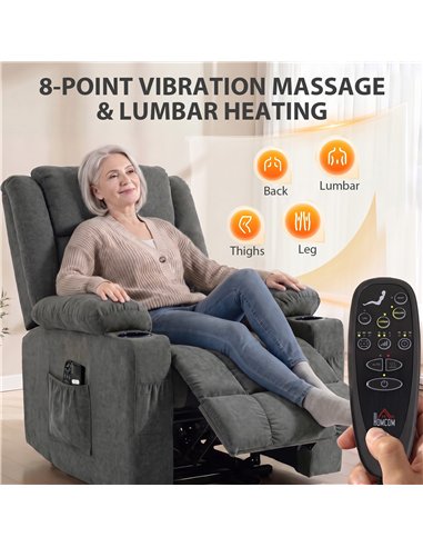 HOMCOM Dual Motor Recliner Chair, 55° Electric Lift Chair for Elderly, Recliner Armchair with Massage and Heat, Dark Grey