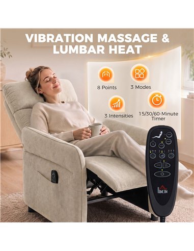 HOMCOM Recliner Armchair, Push Back Recliner Chair with Massage & Heat, Adjustable Armrests, Dual Side Pockets, Beige