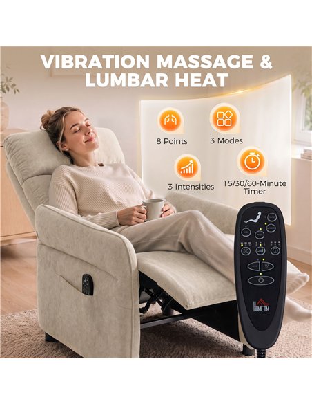 HOMCOM Recliner Armchair, Push Back Recliner Chair with Massage & Heat, Adjustable Armrests, Dual Side Pockets, Beige - pic 206040 | FastDaddyshop