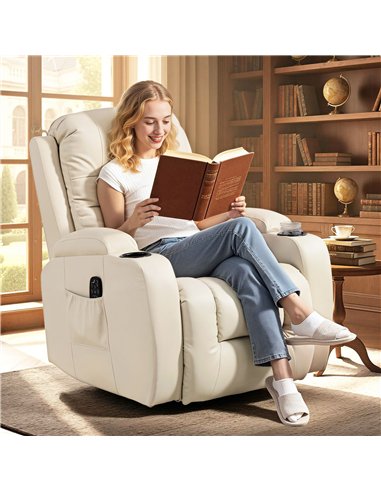HOMCOM PU Leather Recliner Chair, Recliner Armchair with Extended Footrest, Cup Holders and Side Pockets, Cream