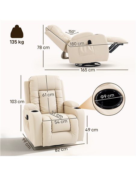 HOMCOM PU Leather Recliner Chair, Recliner Armchair with Extended Footrest, Cup Holders and Side Pockets, Cream - pic 206048 | FastDaddyshop