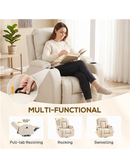 HOMCOM PU Leather Recliner Chair, Recliner Armchair with Extended Footrest, Cup Holders and Side Pockets, Cream - pic 206050 | FastDaddyshop