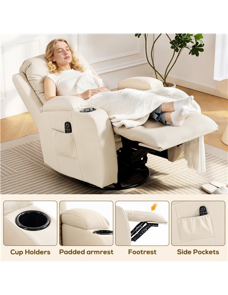 HOMCOM PU Leather Recliner Chair, Recliner Armchair with Extended Footrest, Cup Holders and Side Pockets, Cream - pic 206052 | FastDaddyshop