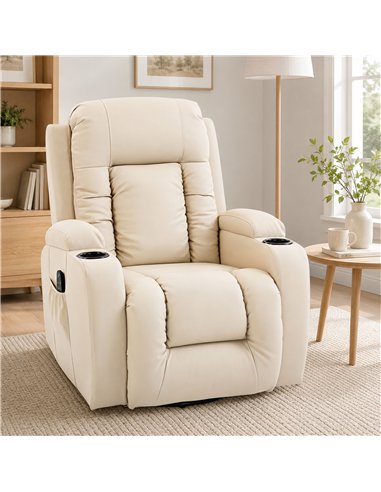 HOMCOM PU Leather Recliner Chair, Recliner Armchair with Extended Footrest, Cup Holders and Side Pockets, Cream
