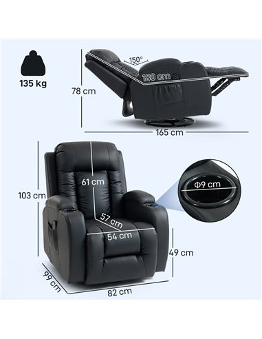 HOMCOM PU Leather Recliner Chair, Recliner Armchair with Extended Footrest, Cup Holders and Side Pockets, Black