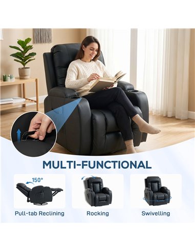HOMCOM PU Leather Recliner Chair, Recliner Armchair with Extended Footrest, Cup Holders and Side Pockets, Black