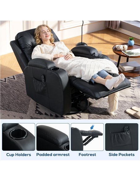 HOMCOM PU Leather Recliner Chair, Recliner Armchair with Extended Footrest, Cup Holders and Side Pockets, Black - pic 206061 | FastDaddyshop