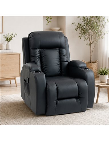 HOMCOM PU Leather Recliner Chair, Recliner Armchair with Extended Footrest, Cup Holders and Side Pockets, Black