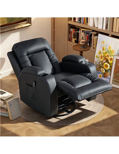 HOMCOM PU Leather Recliner Chair, Recliner Armchair with Extended Footrest, Cup Holders and Side Pockets, Black