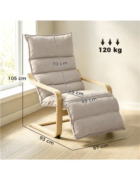 HOMCOM Curved Wooden Accent Chair, Armchair with Adjustable Footrest, Light Brown - pic 206066 | FastDaddyshop