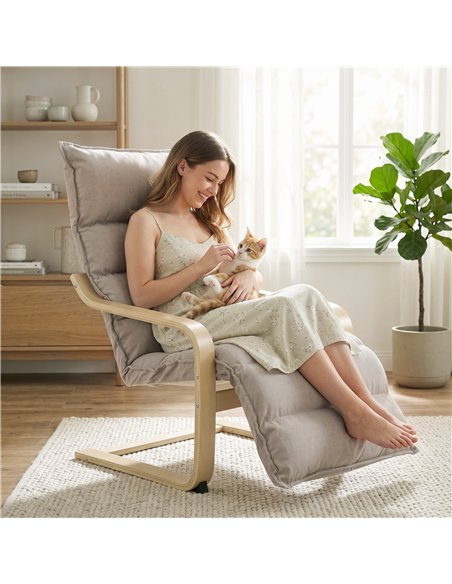HOMCOM Curved Wooden Accent Chair, Armchair with Adjustable Footrest, Light Brown - pic 206071 | FastDaddyshop
