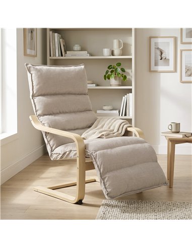 HOMCOM Curved Wooden Accent Chair, Armchair with Adjustable Footrest, Light Brown