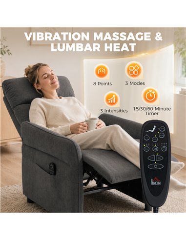 HOMCOM Recliner Armchair, Push Back Recliner Chair with Massage & Heat, Adjustable Armrests, Dual Side Pockets, Dark Grey