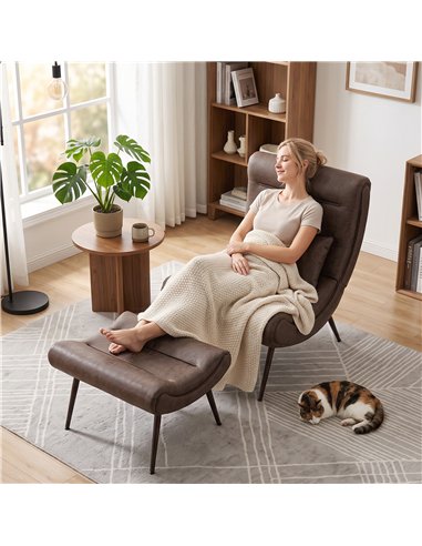 HOMCOM Modern Accent Chair with Footstool, Upholstered Lounge Chair with 64cm Wide Seat, Lumbar Pillow, Trapezoidal Backrest