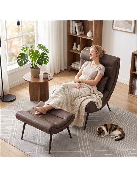 HOMCOM Modern Accent Chair with Footstool, Upholstered Lounge Chair with 64cm Wide Seat, Lumbar Pillow, Trapezoidal Backrest - pic 206099 | FastDaddyshop