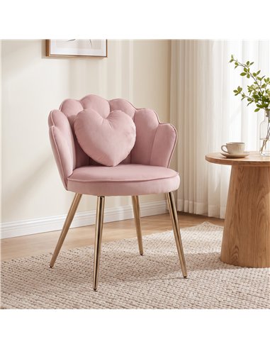 HOMCOM Accent Chair Velvet Upholstered Armchair Lotus Back Heart Pillow Lumbar Pillow Metal Legs Soft Pink