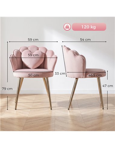 HOMCOM Accent Chair Velvet Upholstered Armchair Lotus Back Heart Pillow Lumbar Pillow Metal Legs Soft Pink
