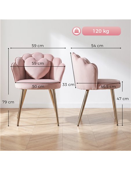 HOMCOM Accent Chair Velvet Upholstered Armchair Lotus Back Heart Pillow Lumbar Pillow Metal Legs Soft Pink - pic 206102 | FastDaddyshop