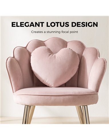 HOMCOM Accent Chair Velvet Upholstered Armchair Lotus Back Heart Pillow Lumbar Pillow Metal Legs Soft Pink