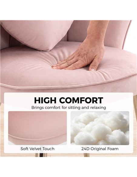 HOMCOM Accent Chair Velvet Upholstered Armchair Lotus Back Heart Pillow Lumbar Pillow Metal Legs Soft Pink - pic 206104 | FastDaddyshop