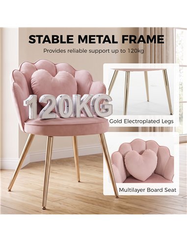 HOMCOM Accent Chair Velvet Upholstered Armchair Lotus Back Heart Pillow Lumbar Pillow Metal Legs Soft Pink
